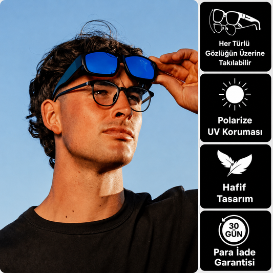 OPTA fit-over güneş gözlüğü — numaralı gözlüğün üzerine takılır; polarize UV koruması, hafif tasarım, 30 gün iade garantisi